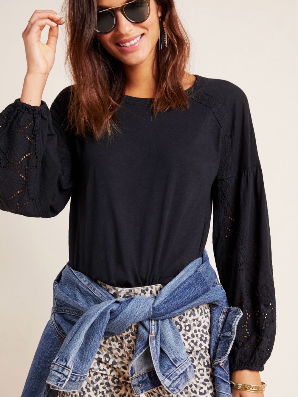 Anthropologie Eri + Ali Shiloh Balloon sleeved Top Eyelet Detail Bohemian Medium